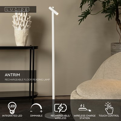 Lucide ANTRIM - Rechargeable Floor reading lamp Indoor/Outdoor - Battery pack - LED Dim. - 1x2,2W 2700K - IP54 - With wireless charging pad - White